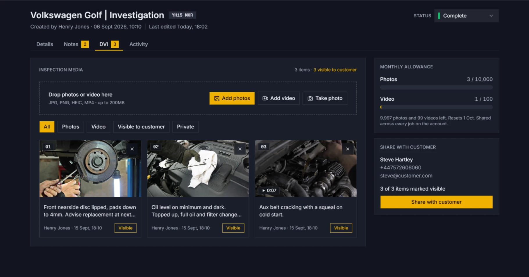 GarageActive digital inspection with photos, a video and mechanic notes, ready to share with the customer