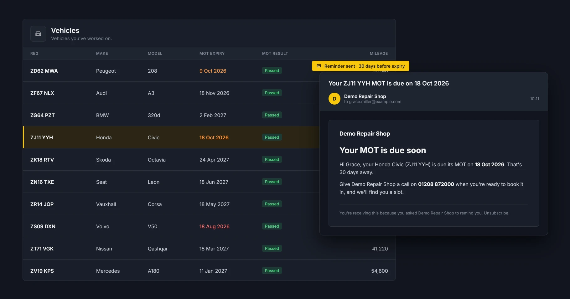 Automated GarageActive MOT reminder email sent 30 days before expiry