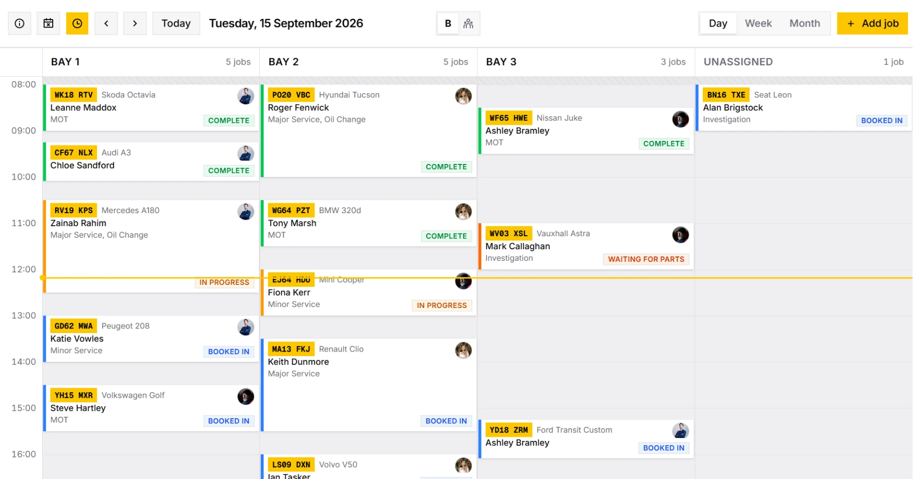 GarageActive schedule with jobs laid out by bay and colour-coded by status