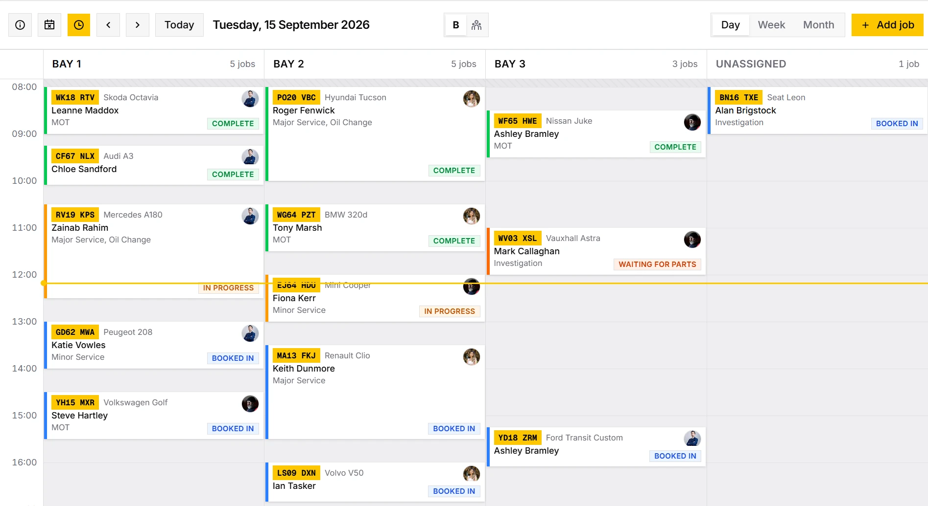GarageActive day schedule showing jobs across three workshop bays, colour-coded by status