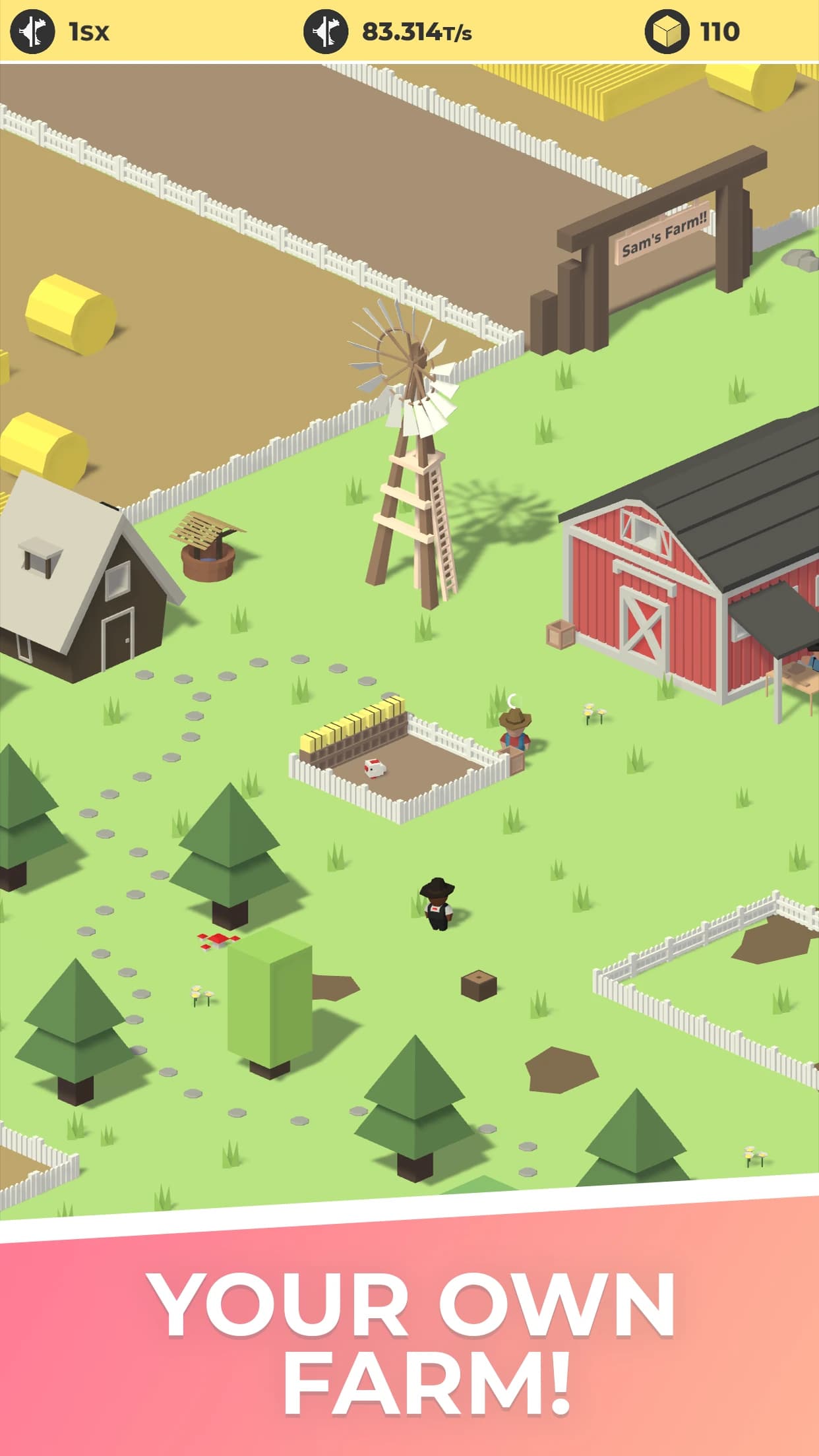 A farm with a barn, farmhouse and windmill, captioned “Your own farm!”