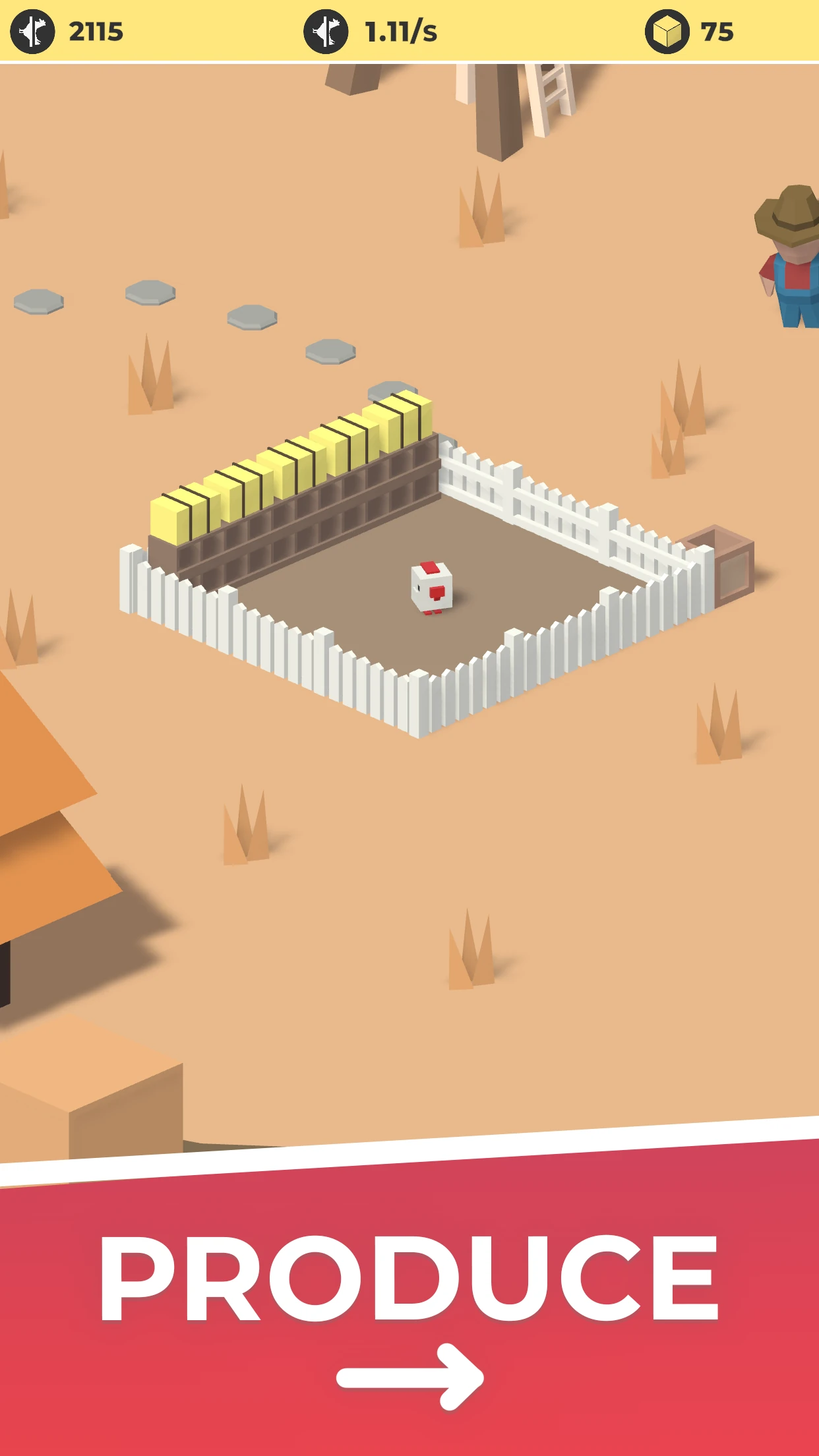 A farmer beside a chicken coop, captioned “Produce”