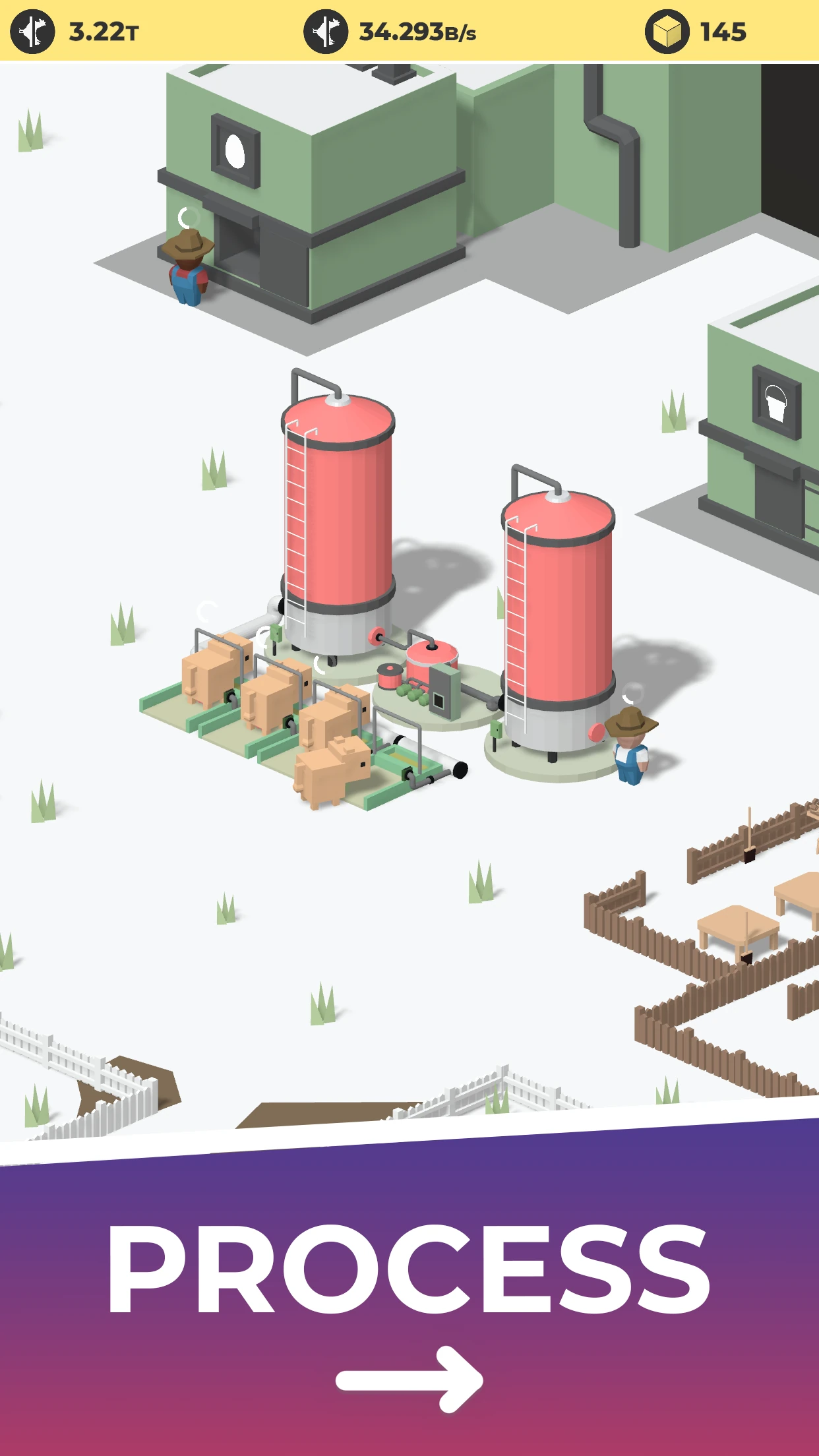 Silos and a processing yard in the snow, captioned “Process”