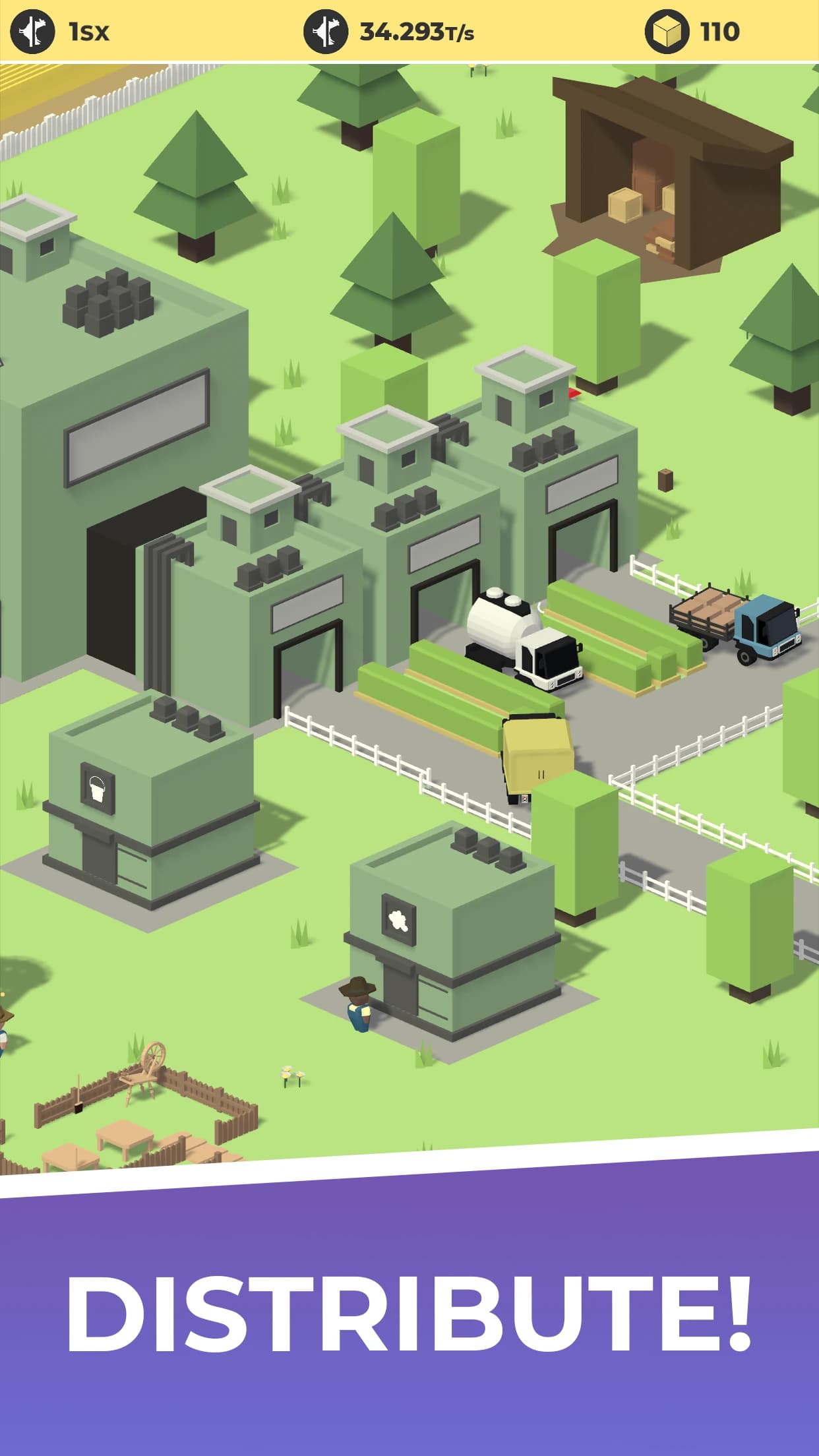Trucks loading at a row of warehouses, captioned “Distribute!”