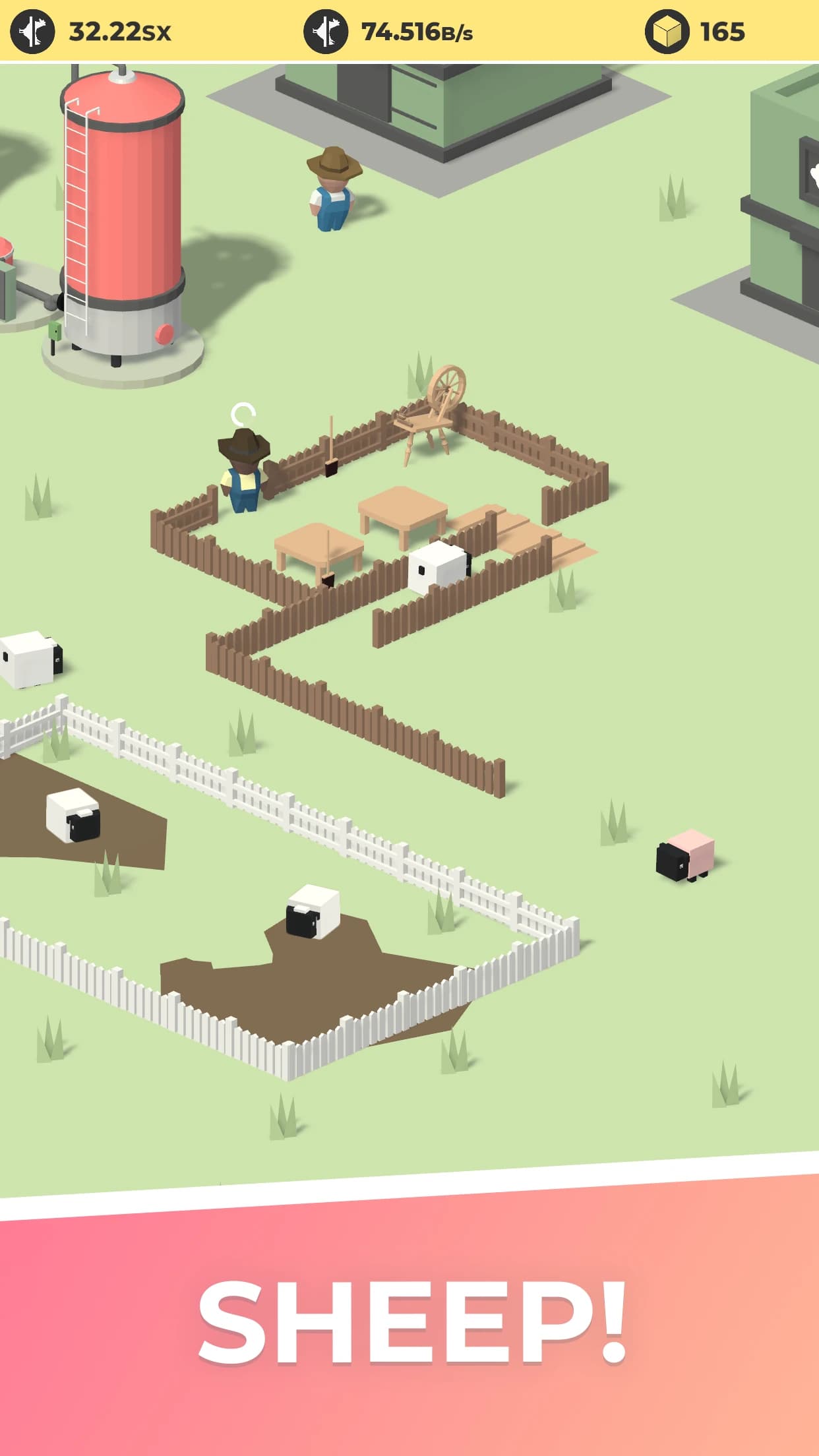 Sheep grazing in a fenced field, captioned “Sheep!”