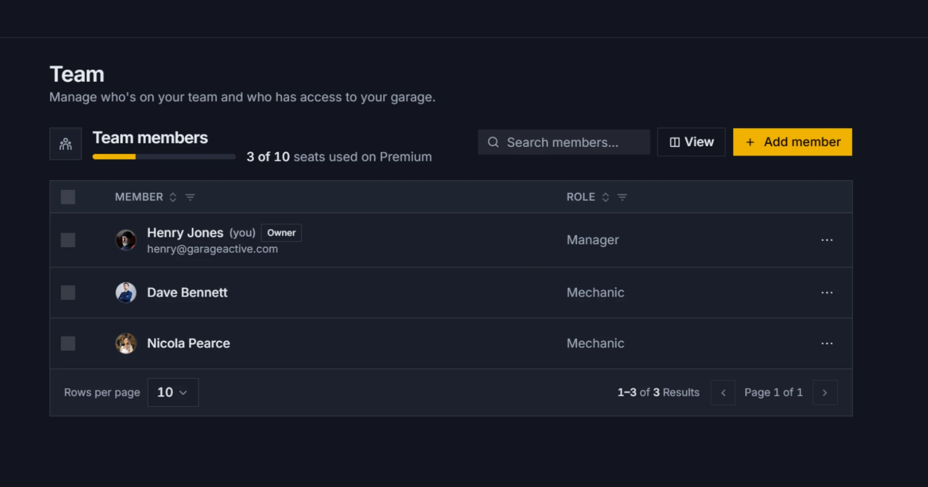 GarageActive team list with managers and mechanics